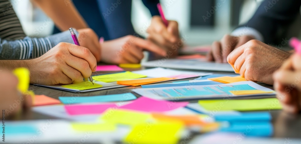 Poster Closeup of hands writing on sticky notes during a brainstorming session.