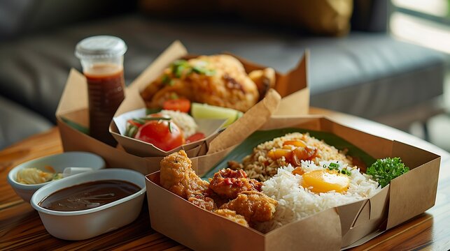 malaysian food nasi kerabu nasi ulam and ayam percik in recycled paper container with sauce on coffee table beside sofa in living room
