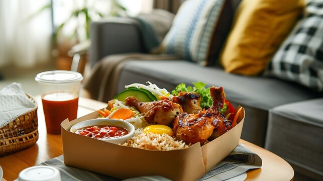 malaysian food nasi kerabu nasi ulam and ayam percik in recycled paper container with sauce on coffee table beside sofa in living room
