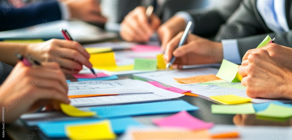 Poster close up of a team of businesspeople working on a project together, writing on papers and sticky not