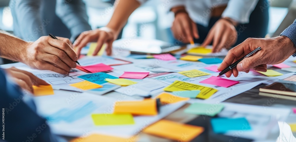 Poster Close-up of a team brainstorming with sticky notes on a table, working on a project together.