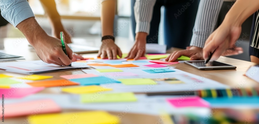 Poster Close-up of a team working on a project with sticky notes on a table.