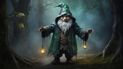 a green witch with a magic figure and a broom in the middle of a dark forest.