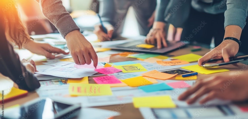 Poster Team brainstorming with colorful sticky notes and papers, working on a project.