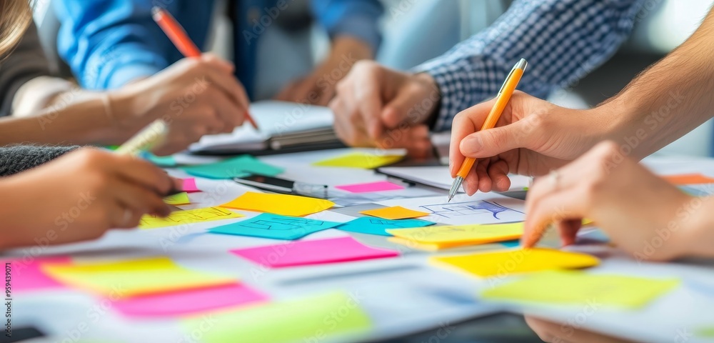 Poster close-up of hands working together on a project with colorful sticky notes and pens, brainstorming a