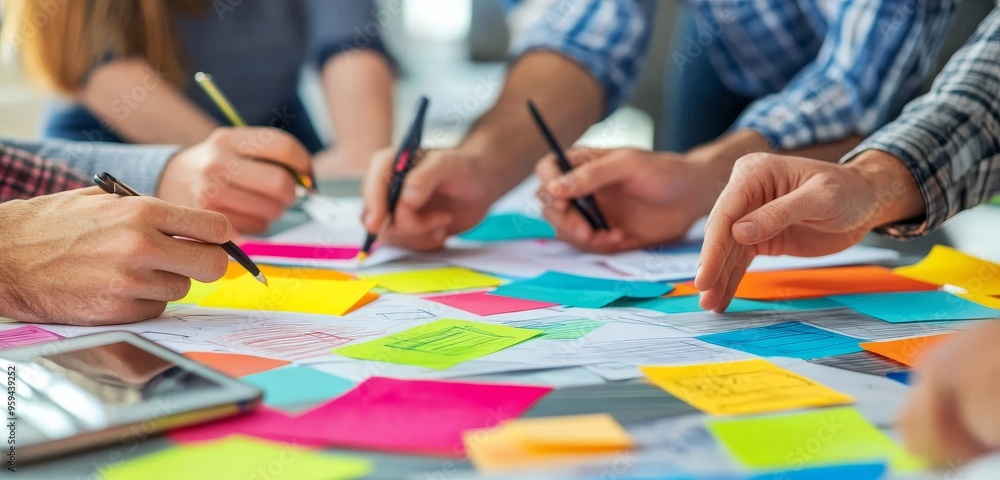 Poster team of professionals brainstorming with sticky notes and pens on a table.