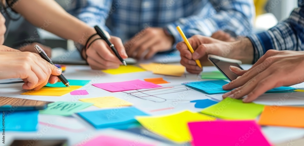 Aufkleber Close-up of a group of people working together on a project, brainstorming and writing on colorful sticky notes.
