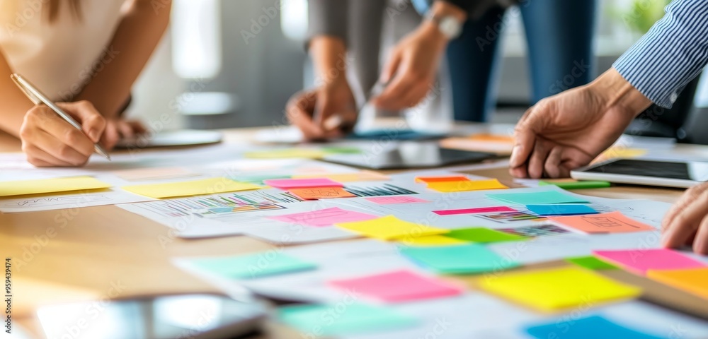 Poster Hands of a team working together on a project with colorful sticky notes on a table.