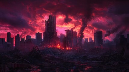 Obraz premium Apocalypse City - Dystopian Urban Landscape with Collapsed Skyscrapers, Dark Clouds, and Red Horizon in Digital Painting Style