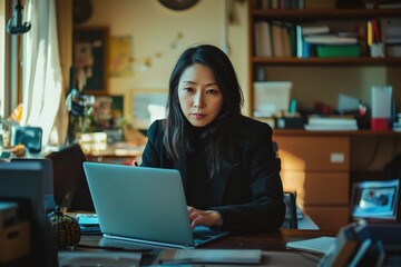 Fototapeta premium Asian female professional working on a laptop in a well-organized office space with bright natural light.