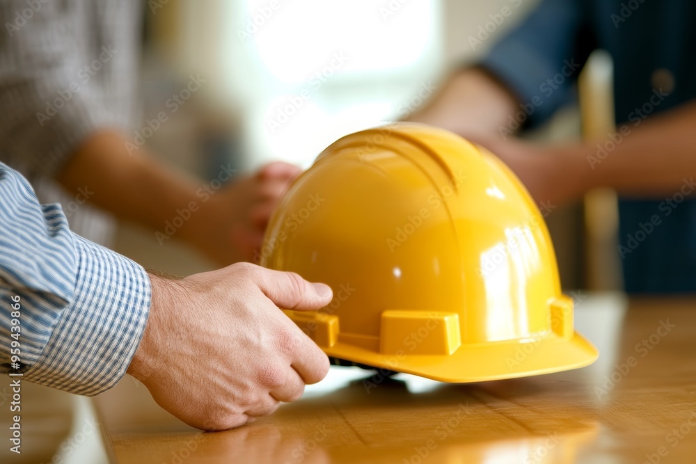 Aufkleber A yellow hardhat rests on a table as a man's hand reaches towards it, while another man's hand is out of focus in the background.