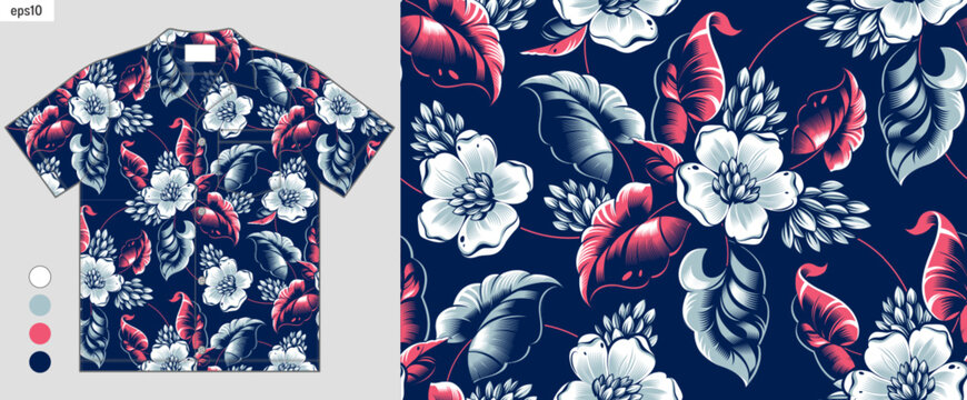 Fototapeta aloha summer fashion, tropical gradient flowers seamless pattern, artwork on hawaiian shirt fashion mockup, elegance hibiscus flora abstract, shirt mockup llustration