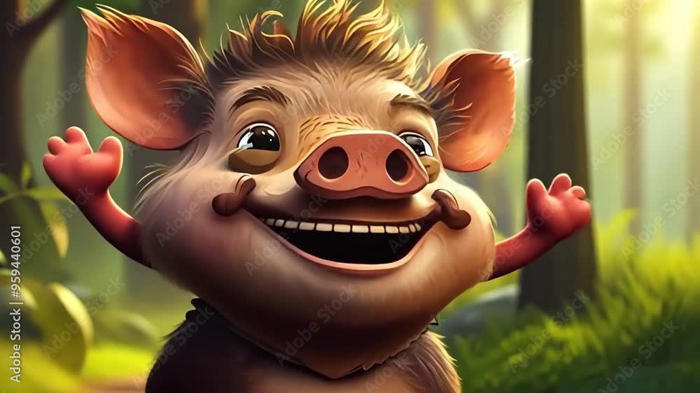 Poster cheerful animated cartoon pig talking and playing in the forest generative ai