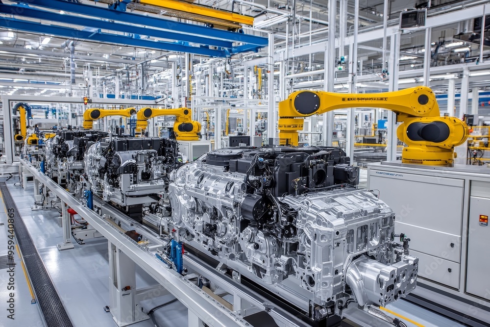 Poster A row of engine blocks are moved along an assembly line by robotic arms in a modern factory.