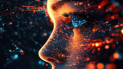 Artificial Intelligence and Digital Technology: Human Face with Futuristic Data Visualization