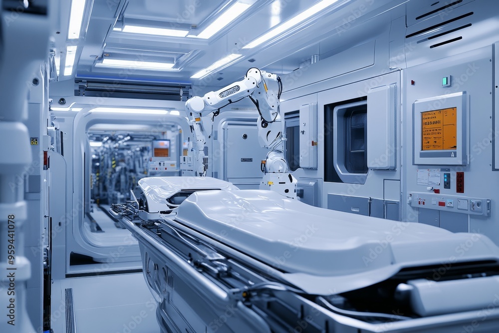 Poster a futuristic robotic arm working on a white object on a conveyor belt in a sterile, white room.