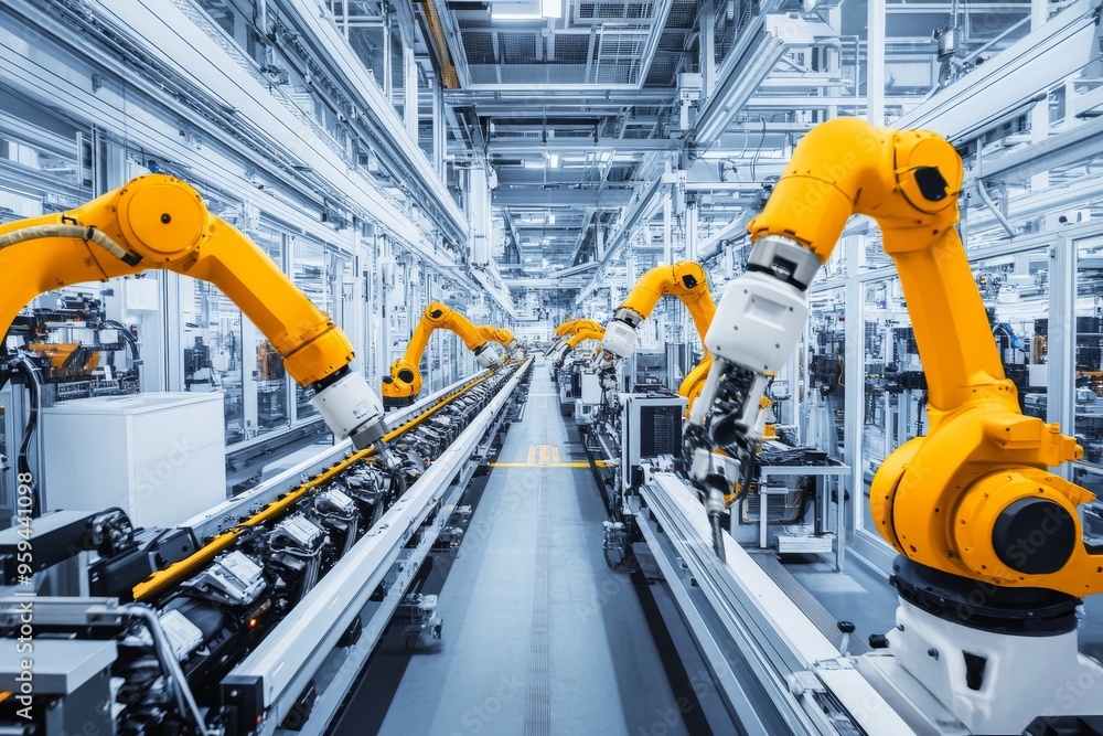 Aufkleber A row of yellow robotic arms work in an automated factory, demonstrating the power of automation.