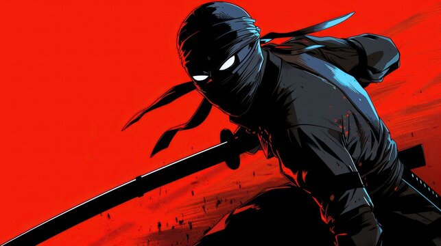 A ninja with a sword drawn, against an orange background.