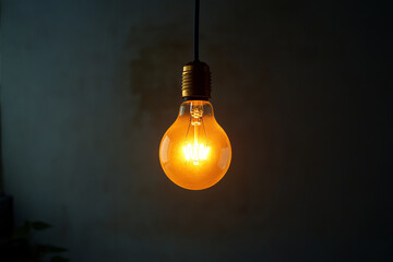 Glowing Vintage Light Bulb Hanging Against Dark Background