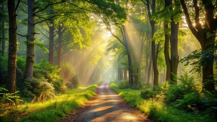 Obraz premium Tranquil sunlit forest path with mist, lush greenery, and early morning light
