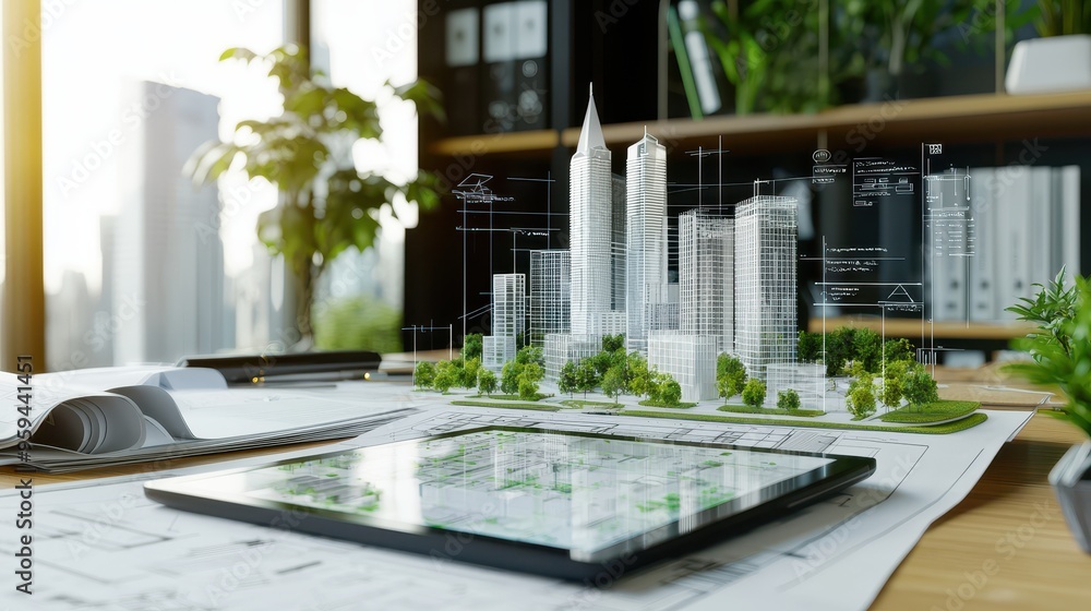 Poster modern cityscape architectural model on tablet computer with blueprint