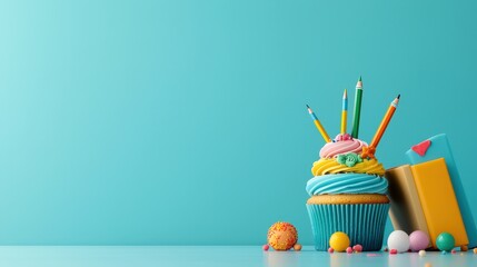 Back-to-school themed cupcakes with pencil and book decorations