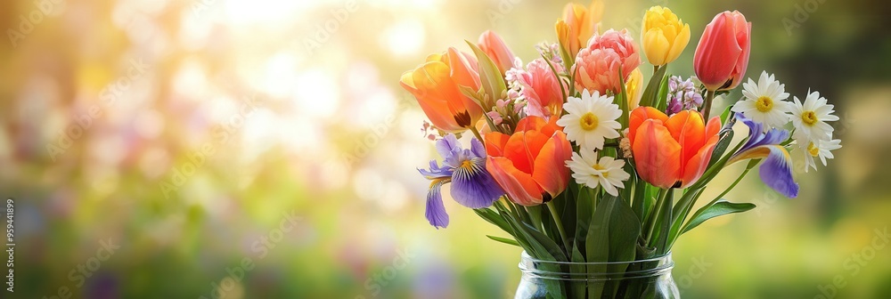 Wall mural Brightly colored tulips, irises, and daisies fill a clear glass jar, enhanced by warm sunlight pouring in from the side. Generative AI