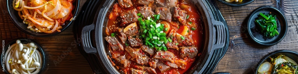 Sticker spicy korean meat stew on a dining surface