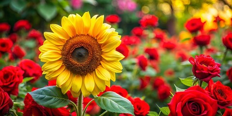 Naklejka premium Stunning yellow sunflower surrounded by red roses in a vibrant garden