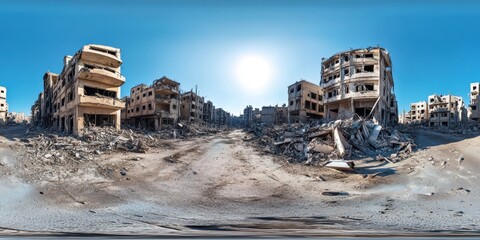 360 degree equirectangular photograph of destroyed buildings in the streets of Homs, clear sky, war torn city
