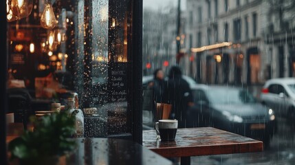 Obraz premium Rainy Day Coffee Shop Window View with Cup on Table