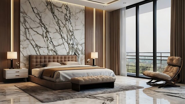 Premium modern bedroom interior design with marble tiles. premium lights and wooden covered room for luxurious persons. Hotel room design .Profile light design with marble stone