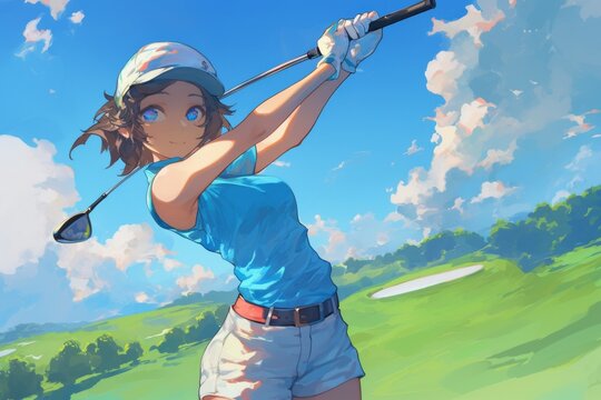Illustration of an anime style girl swinging golf club, playing golf