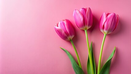 Obraz premium Three vibrant pink tulips with prominent green stems on a pink background