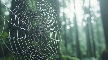 Dew Drops on Spider Web in Forest