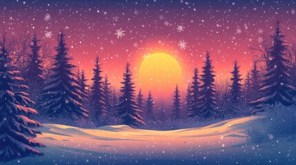 Stunning Winter Sunset Over Snowy Forest with Falling Snowflakes