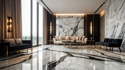 Fototapeta premium Premium modern bedroom interior design with marble tiles. premium lights and wooden covered room for luxurious persons. Hotel room design .Profile light design with marble stone