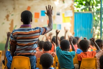 Fototapeta premium children learning in classroom together raising their hand to ask question