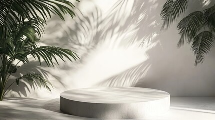 Fototapeta premium A white round podium with palm tree shadows in a white room.