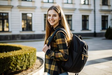 Fototapeta premium Happy Young Woman with Backpack in Front of Building.