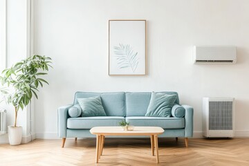 Minimalist living room with a blue sofa, a coffee table, a plant and a framed picture of a leaf on the wall.