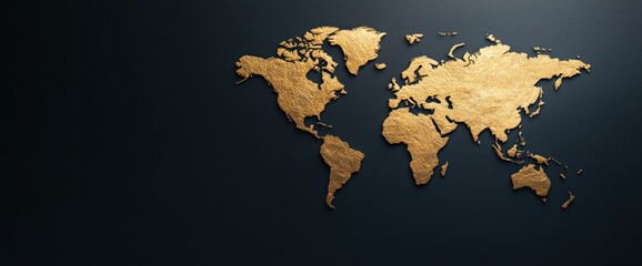 A gold colored globe with a black background