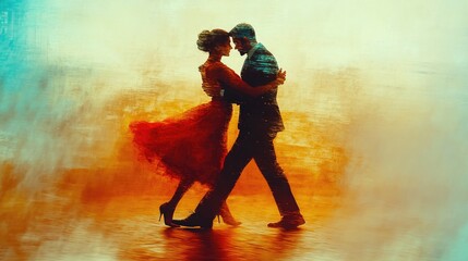 Elegant Couple Dancing in Red Dress Silhouette Against Abstract Background
