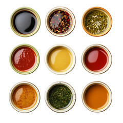 Assorted colorful sauces and condiments in small bowls, arranged in a grid pattern. Perfect for cooking and food-related themes.