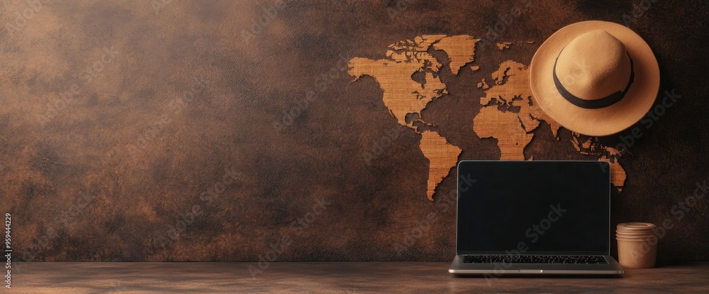 Poster a laptop is on a table next to a hat and a map of the world