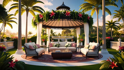 Shaded gazebo and palm trees. Outdoor backyard garden. Sunny day on the balcony terrace. A lot of furniture is sofa table chair