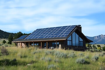 A modern cabin with solar panels on its roof in a mountainous landscape