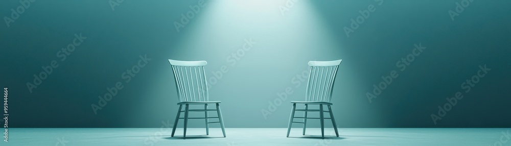 Poster two empty chairs illuminated by soft light, creating a serene atmosphere ideal for contemplation or 