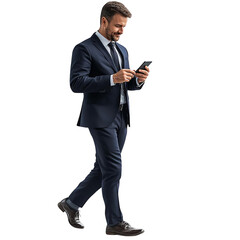 Confident businessman in suit walking and using smartphone, isolated on white background. Professional and modern lifestyle concept.