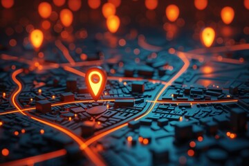 Location Pin on Neon Cityscape